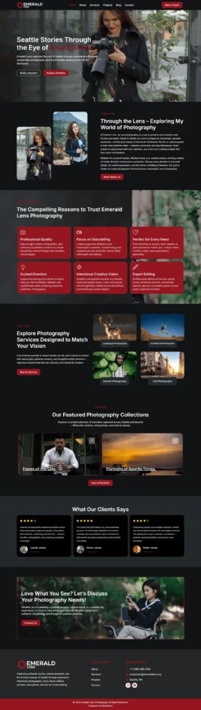 Emerald Lens Photography website showcasing expressive portrait photography and Seattle's natural beauty, featuring a clean layout and portfolio galleries.