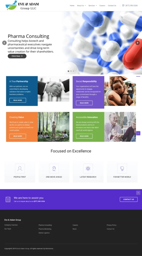 EVE & ADAM Group LLC homepage featuring pharmaceutical consulting services, emphasizing industry expertise, partnership, and innovation with visual elements like capsules and a commitment to social responsibility.