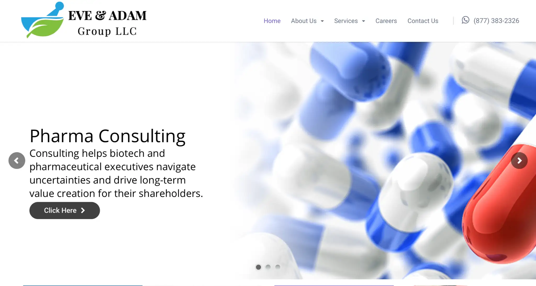 EVE & ADAM Group LLC logo with pharma consulting theme, featuring blue and white capsules and a red capsule, emphasizing expertise in pharmaceutical and biotech consulting services.