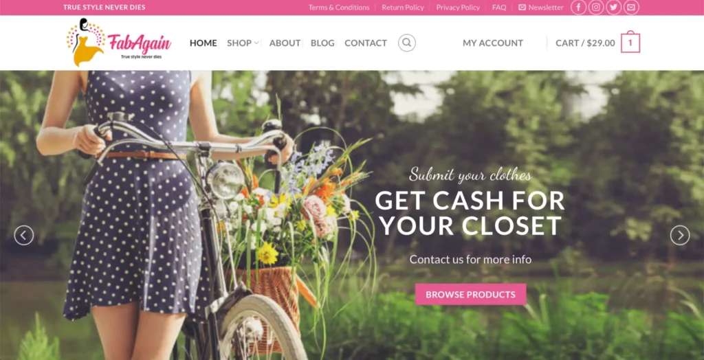 Woman in polka dot dress riding bicycle with flowers, promoting FabAgain's e-commerce platform for selling clothes online, featuring bright and inviting outdoor setting.
