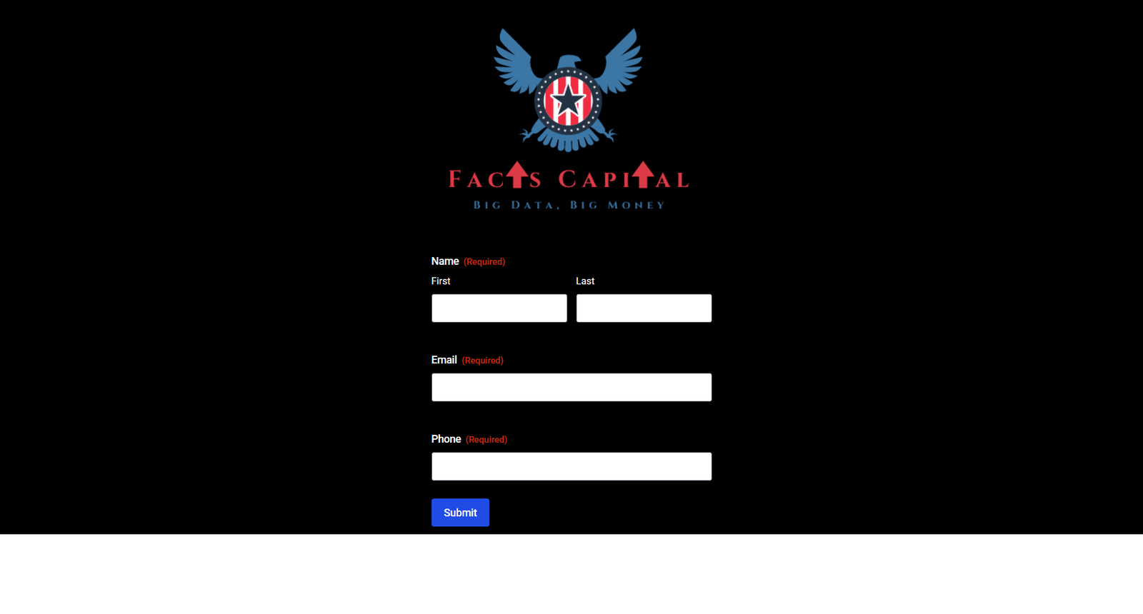 Lead capture form for Facts Capital featuring input fields for name, email, and phone number, with branding elements including an eagle logo and the slogan "Big Data, Big Money."