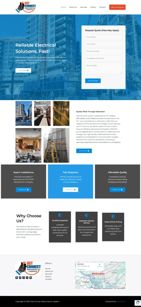 Fast Connect Resources & Logistics website showcasing reliable electrical solutions, featuring a quote request form, responsive design, and emphasis on service clarity and user trust in the D.C. area.