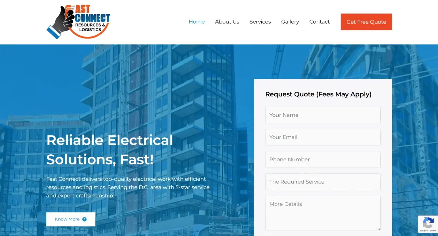 Fast Connect Resources & Logistics website showcasing reliable electrical solutions, featuring a quote request form and modern design elements against a blue background.