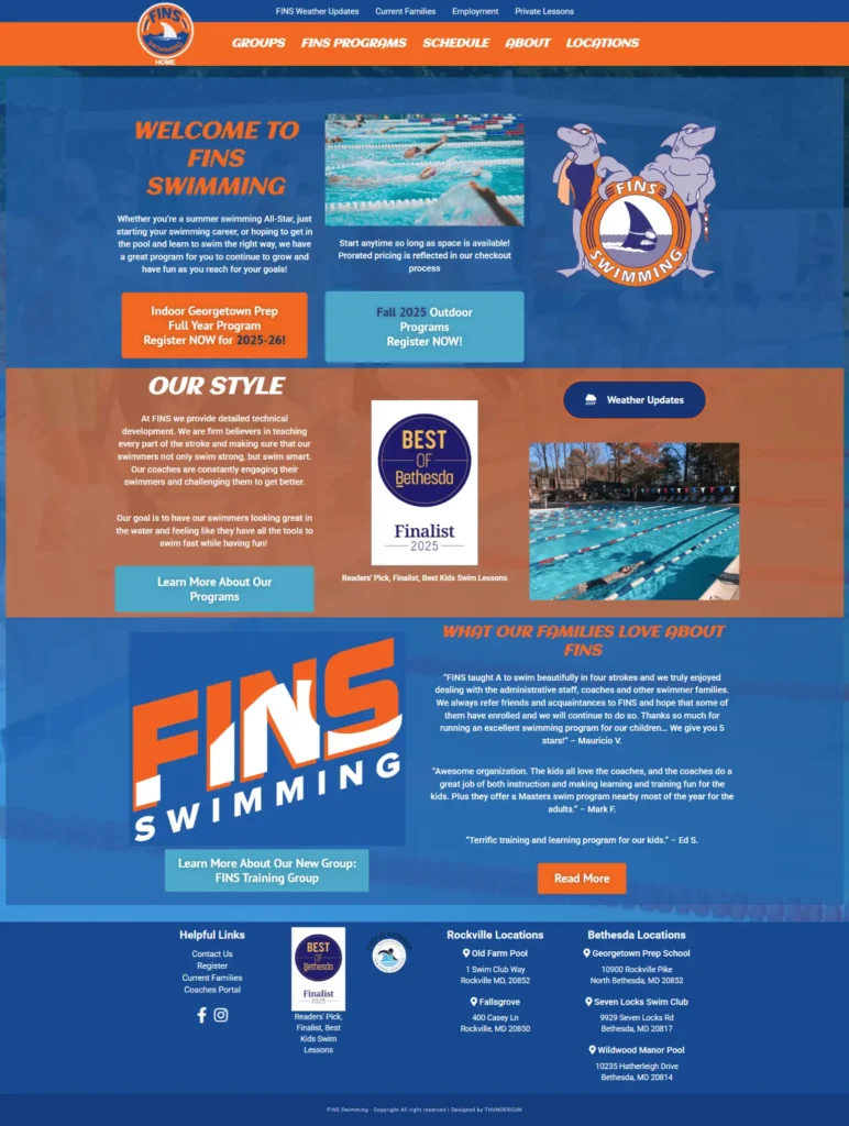 FINS Swimming website homepage showcasing swimming programs, technical training, and user-friendly navigation for families and athletes.