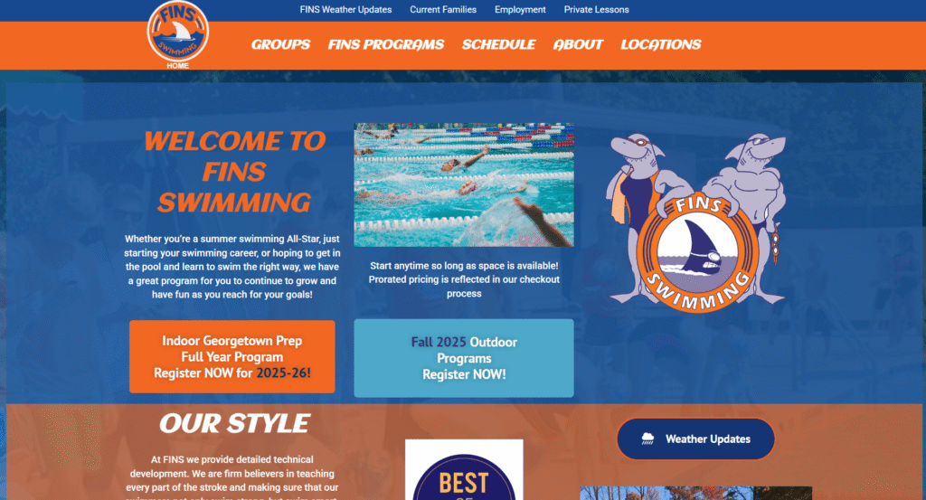FINS Swimming website homepage featuring a welcoming banner, program highlights, and vibrant visuals of swimmers in action, emphasizing technical training and family-friendly swimming programs.
