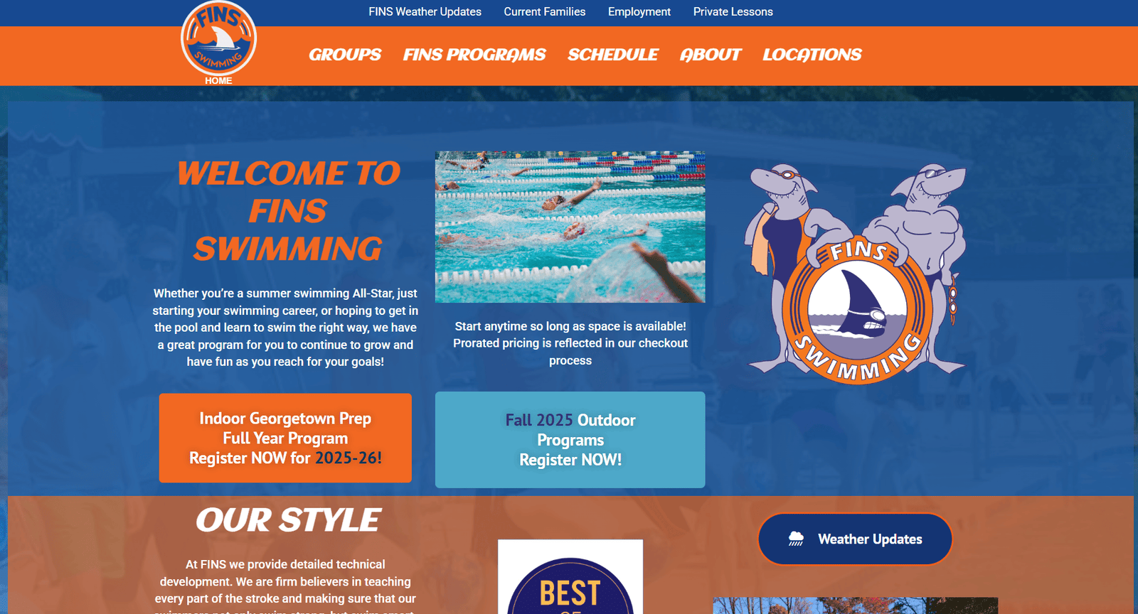 FINS Swimming homepage featuring vibrant design, logo, and images of swimmers in action, promoting swimming programs and seasonal registrations for families and athletes.