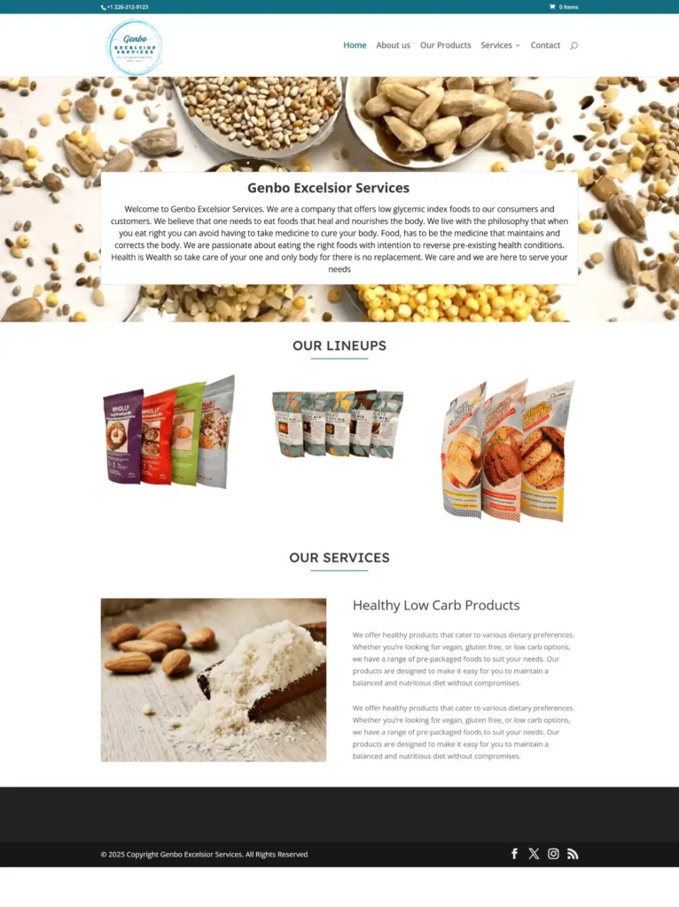 Genbo Excelsior Services logo and low-glycemic food product packaging displayed on a website, emphasizing health-focused nutrition and wellness.