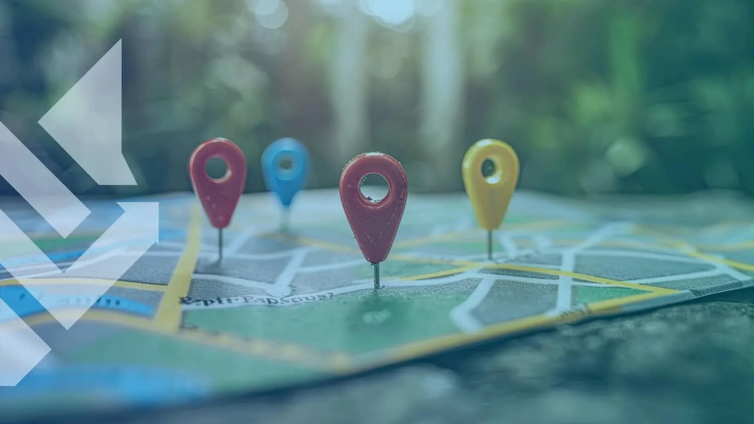 Map with colorful location pins representing NAP citation building for local SEO.