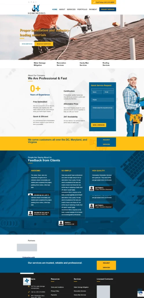 Homeworks Restoration Services website showcasing professional home repair solutions, including water damage mitigation, renovations, handyman, and roofing services, with user-friendly navigation and client testimonials.