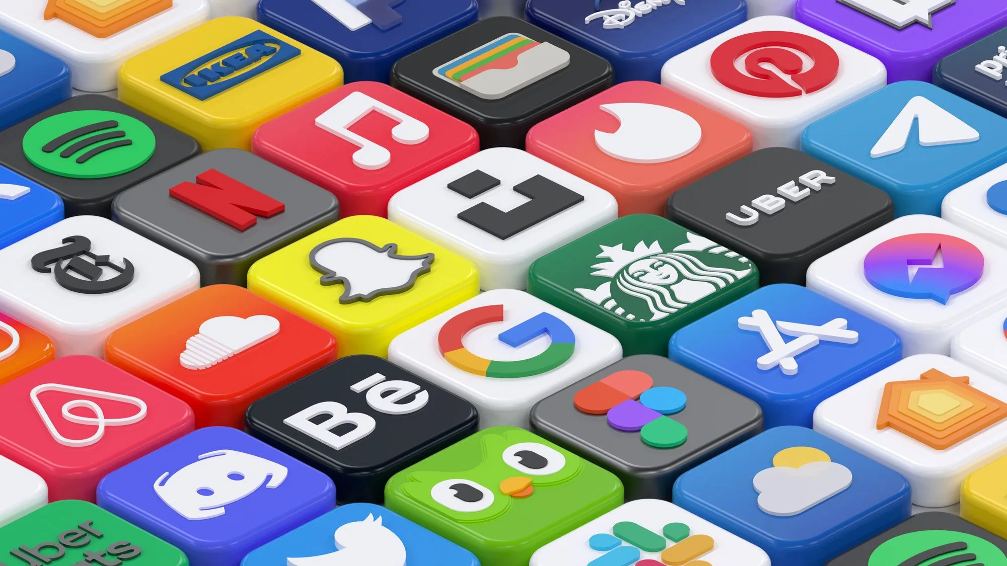Colorful array of app icons including popular brands like Netflix, Uber, and Spotify, representing digital solutions and mobile applications relevant to Marketania's services.