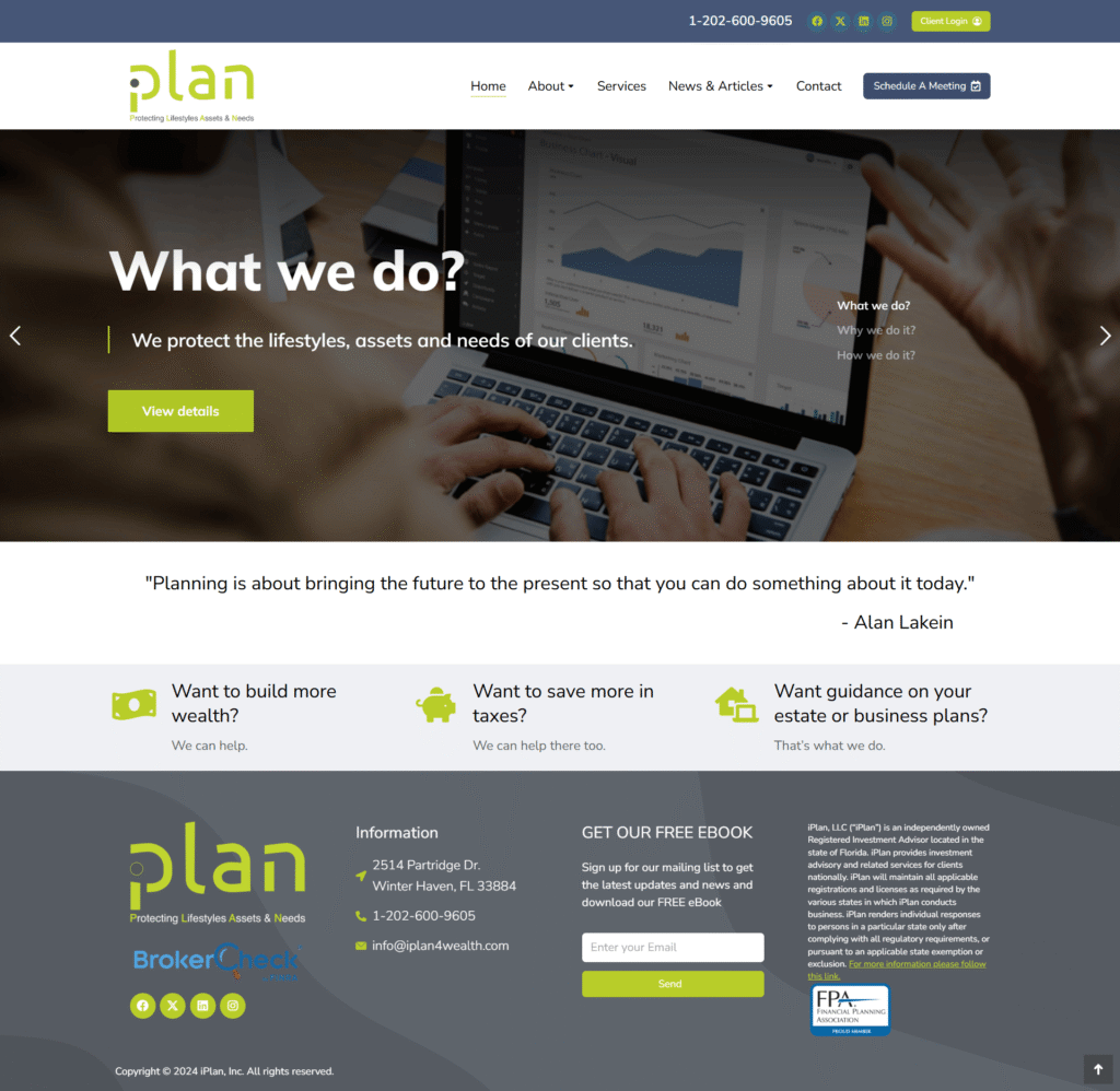 iPlan Wealth Management website homepage showcasing investment advisory services, featuring a laptop with financial graphs and hands engaged in planning, emphasizing wealth management and client consultation.