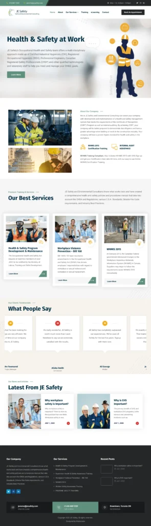 JE Safety website homepage showcasing health and safety services, featuring professional safety consultants in hard hats, training sessions, and safety program visuals.