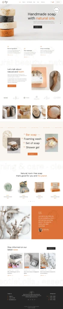 Handmade soap bars with natural oils, showcasing a variety of colors and textures, featured on the Kaia Labs e-commerce website for all-natural skincare products.