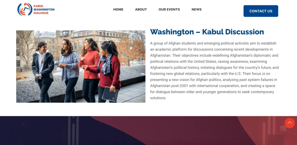 Group of Afghan students and political activists discussing Afghanistan's political developments, featuring Kabul Washington Dialogue branding, in an academic setting.