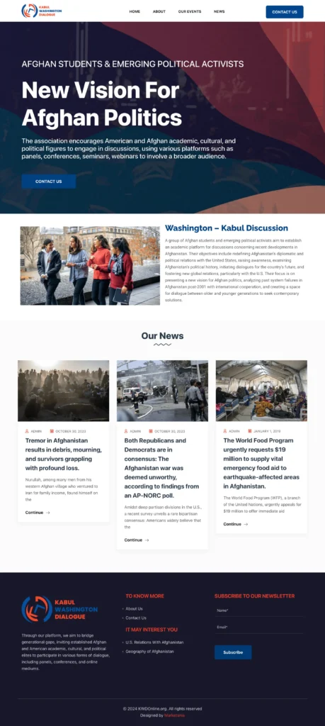 Kabul Washington Dialogue website homepage featuring a modern design with sections for Afghan students and political activists, emphasizing discussions on Afghanistan's political landscape and community engagement.