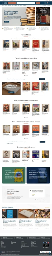 Online marketplace homepage for Kyeni Ensemble showcasing featured books, trending bestsellers, and categories like fiction and non-fiction, emphasizing community engagement and diverse product offerings.