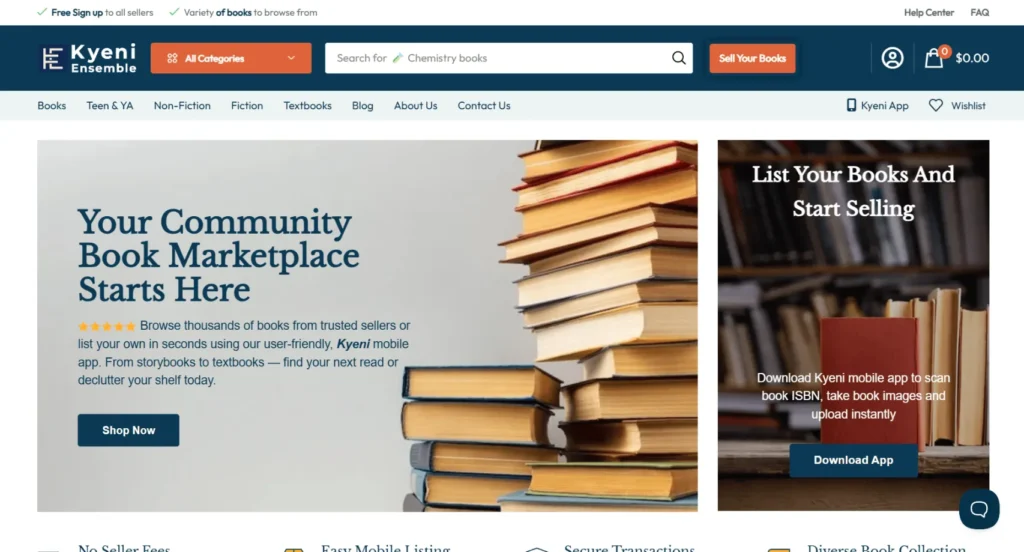 Kyeni Ensemble online marketplace homepage featuring stacked books, promoting community book marketplace and mobile app for buying and selling books.