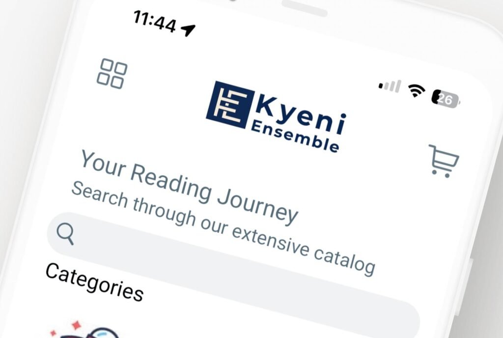 Mobile app interface showcasing the Kyeni Ensemble logo, search bar labeled "Your Reading Journey," and categories for browsing an extensive catalog of reading materials.