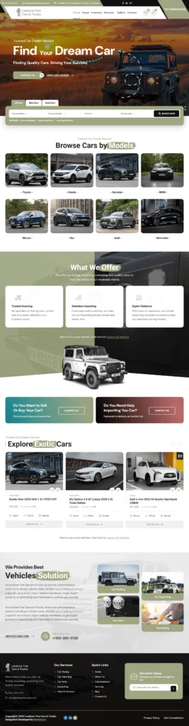 Landover Fine Cars website homepage showcasing a variety of vehicles, including a vintage SUV, with options for browsing by model and accessing dealership services.