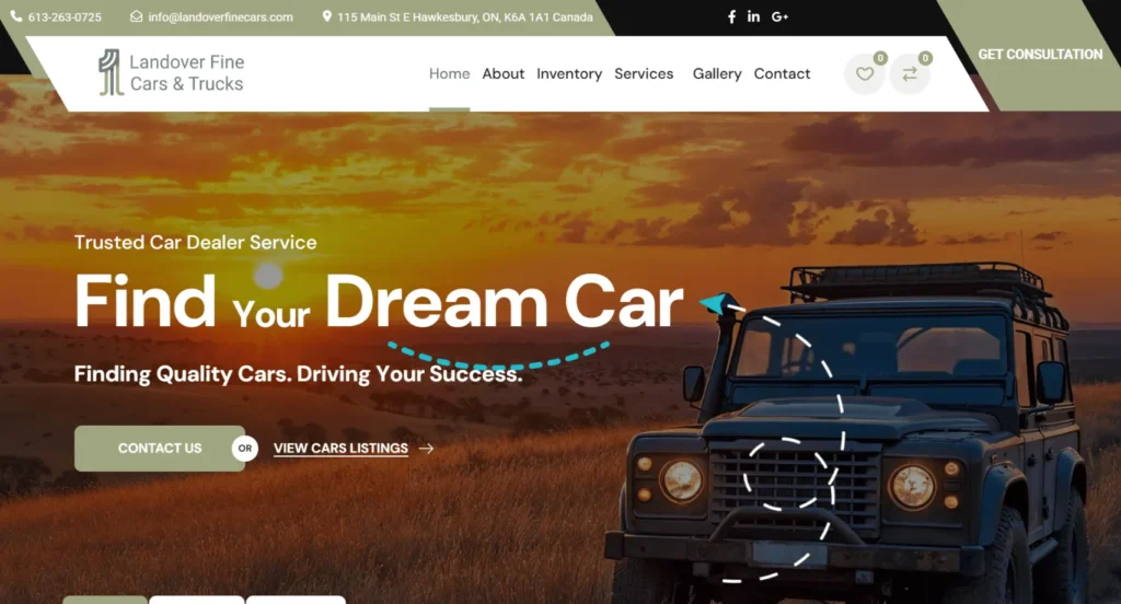 Landover Fine Cars website homepage featuring a rugged SUV against a sunset backdrop, highlighting the tagline "Find Your Dream Car" and emphasizing trusted car dealer services.