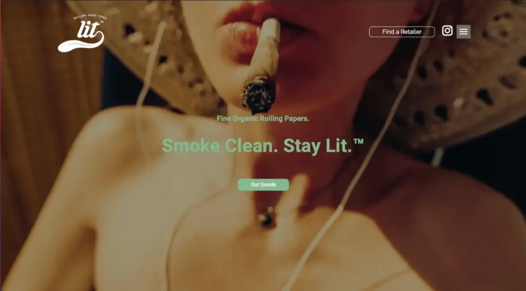 Woman smoking with a straw hat, promoting Lit organic rolling papers, featuring the slogan "Smoke Clean. Stay Lit."