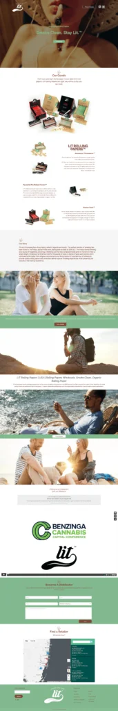 Lit Rolling Papers website showcasing premium rolling papers, custom cones, and accessories with vibrant lifestyle imagery and organized product displays.