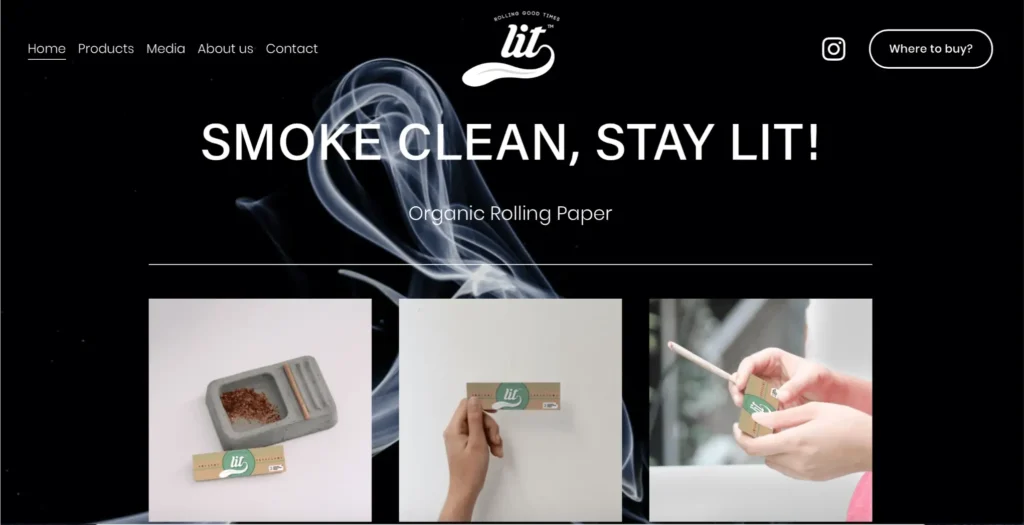 Lit Rolling Papers branding with organic rolling paper, product display, and smoke effect, emphasizing premium rolling papers and lifestyle engagement.