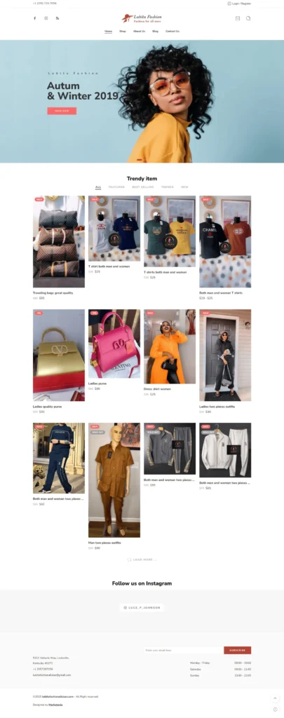 Woman with curly hair wearing glasses and a yellow top, promoting Lubita Fashion's Autumn & Winter 2019 collection, showcasing trendy clothing and accessories for men and women.