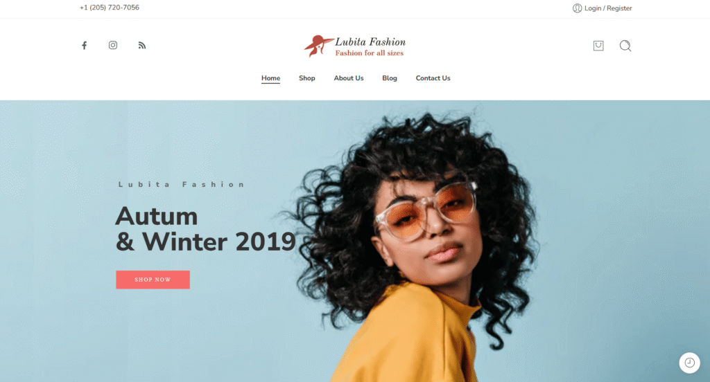 Woman with curly hair wearing sunglasses and a yellow top, promoting Lubita Fashion's Autumn & Winter 2019 collection, featuring a "Shop Now" button.