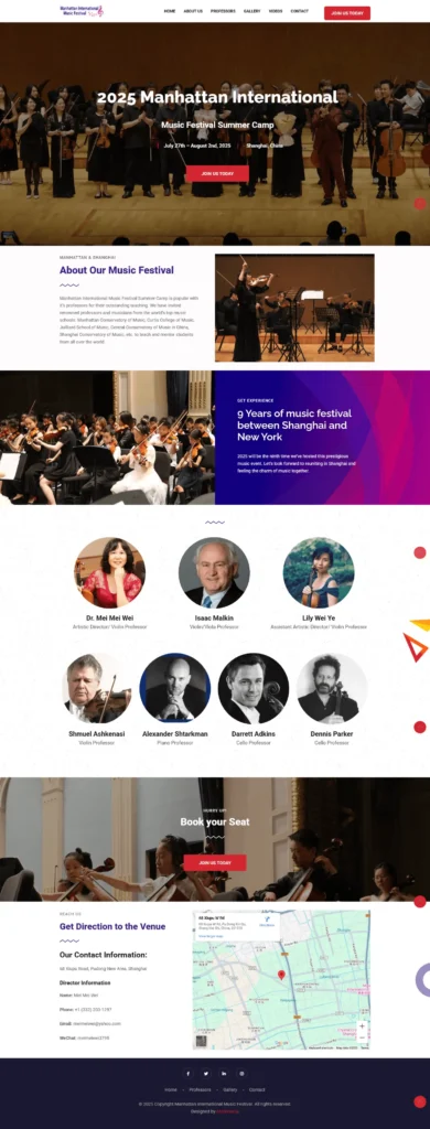 Manhattan International Music Festival website showcasing a summer music camp in Shanghai and New York, featuring orchestral performances and faculty members.