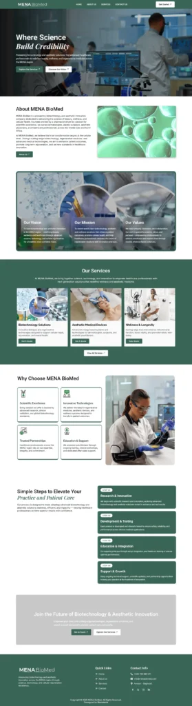 MENA BioMed corporate website showcasing biotechnology, aesthetic innovation, and regenerative medicine services with clean design and structured content.