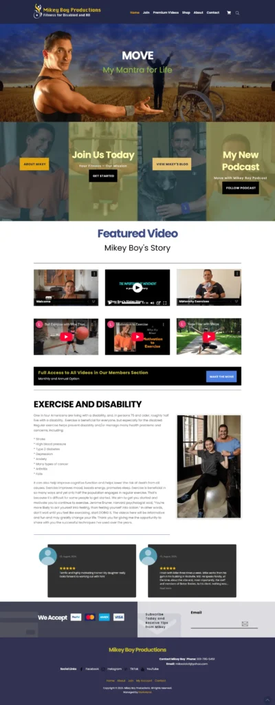 Mikey Boy Productions website featuring fitness programs, motivational content, and podcast promotion, showcasing user engagement through vibrant visuals and accessible design elements.