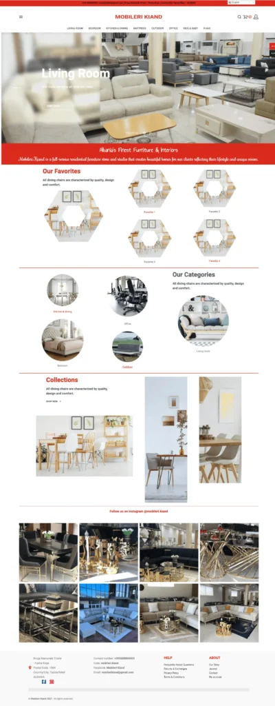 Living room furniture display featuring stylish sofas, coffee tables, and decorative elements from Mobileri Kiand, an Albanian furniture and interiors platform.