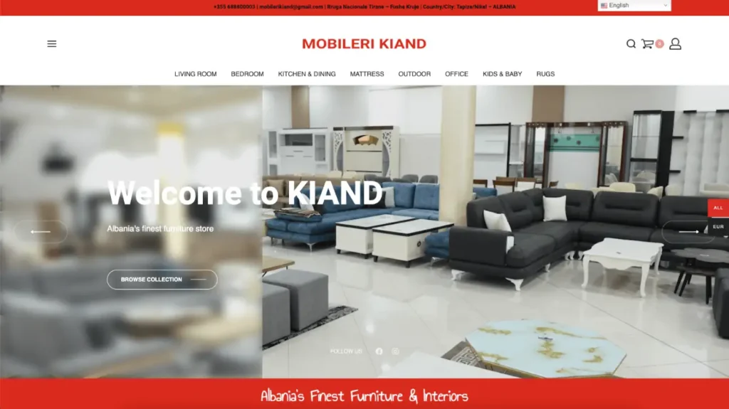Welcome to Kiand webpage showcasing modern furniture collection, featuring living room, bedroom, and dining sets in a spacious and stylish showroom environment.