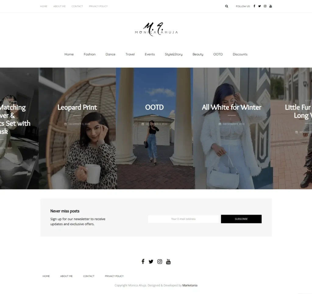 Monica Ahuja lifestyle website homepage featuring fashion blog highlights, including OOTD, leopard print, and winter styles, with a clean and responsive design for user engagement.