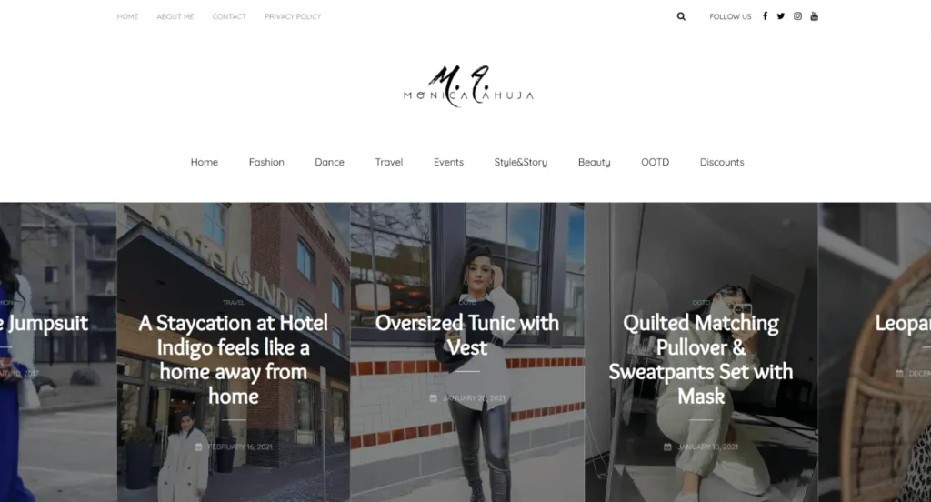 Monica Ahuja lifestyle website showcasing fashion, travel, and beauty content with a clean, responsive design and engaging user interface.