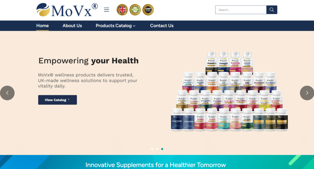 MoVx Wellness Products showcasing a variety of nutraceutical bottles, emphasizing health solutions and daily vitality support.