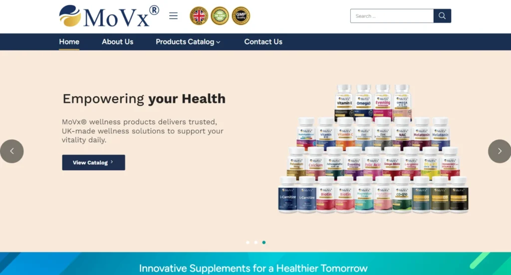 MoVx Wellness Products homepage featuring a collection of nutraceutical bottles, emphasizing health empowerment and UK-made wellness solutions.