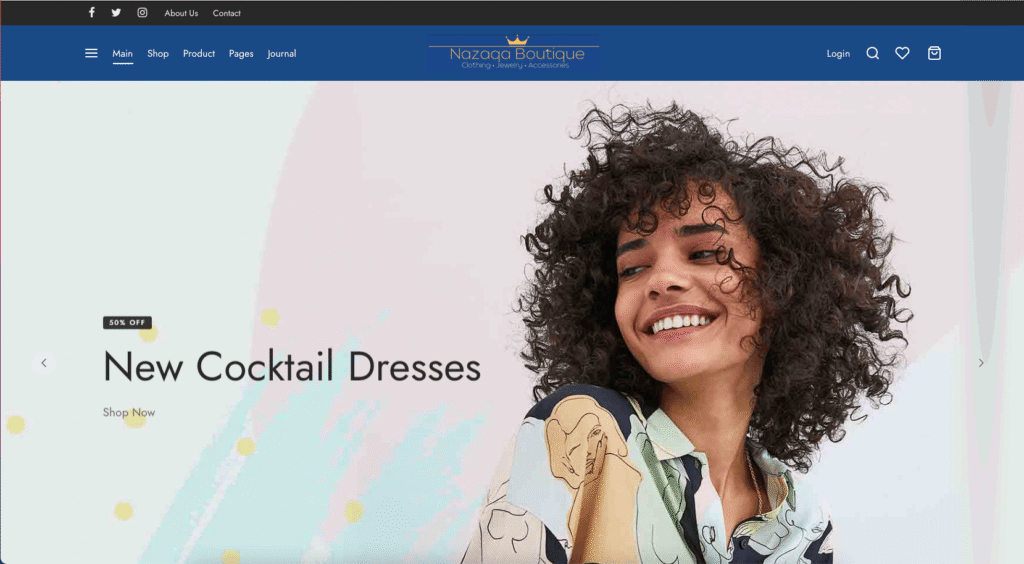 Woman smiling in a stylish outfit promoting new cocktail dresses at Nazaga Boutique, featuring a vibrant background and a 50% off banner.