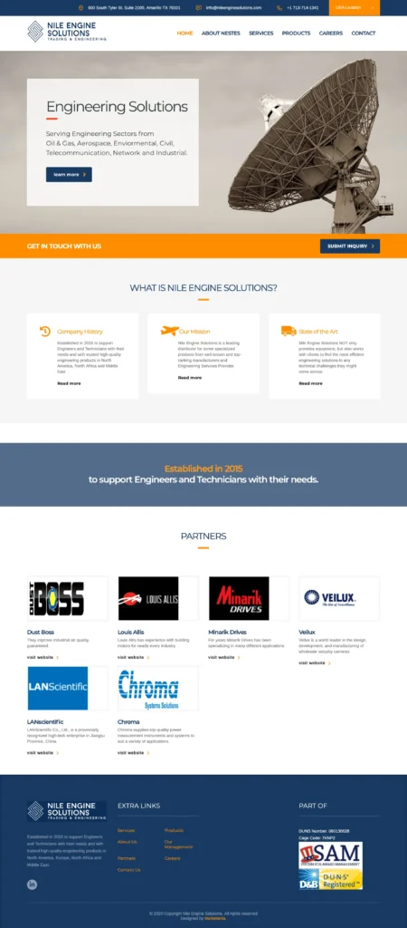 Nile Engine Solutions website featuring engineering solutions and equipment distribution, showcasing a satellite dish and highlighting partnerships in oil & gas, aerospace, civil, and industrial sectors.