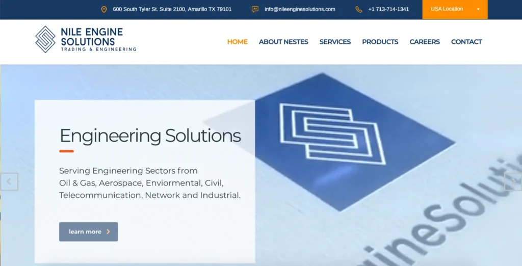 Nile Engine Solutions logo and website interface showcasing engineering solutions for oil & gas, aerospace, civil, and industrial sectors.