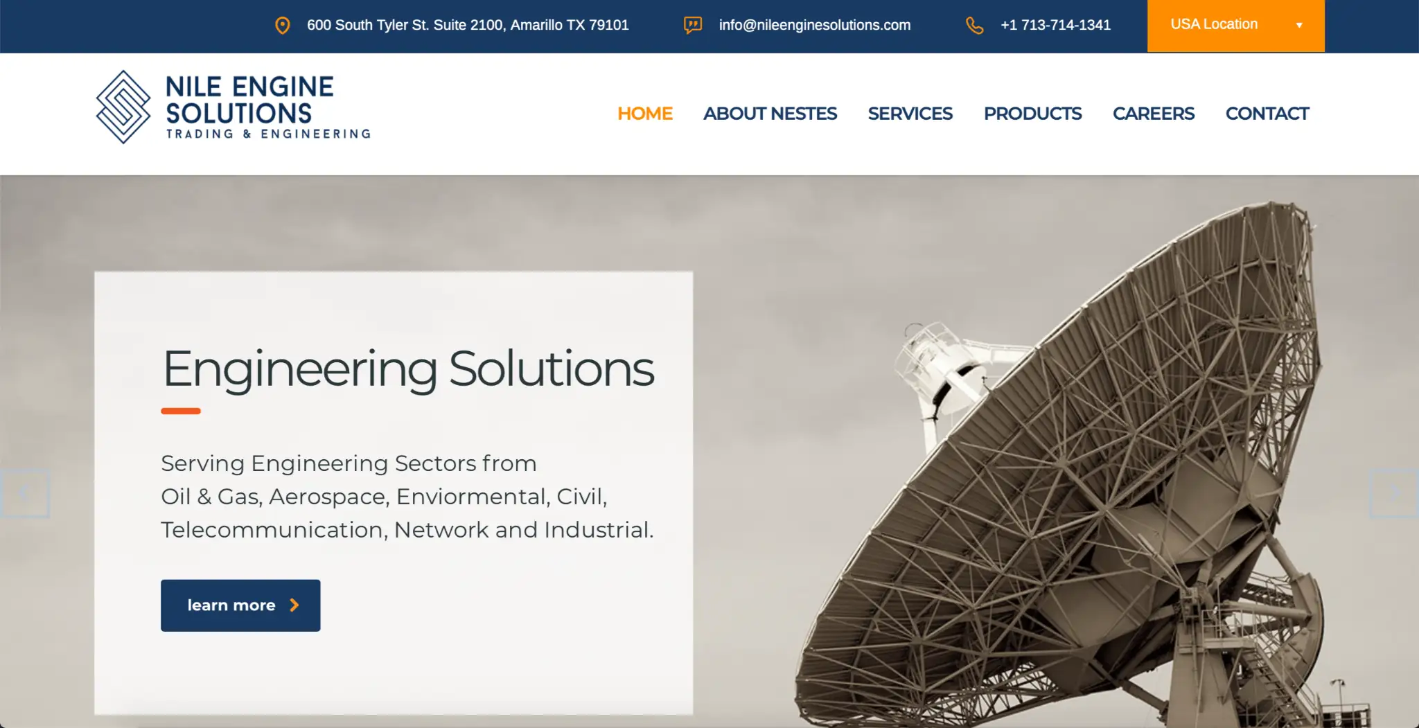Nile Engine Solutions website showcasing engineering solutions and equipment distribution with a satellite dish, emphasizing services in oil & gas, aerospace, civil, and industrial sectors.