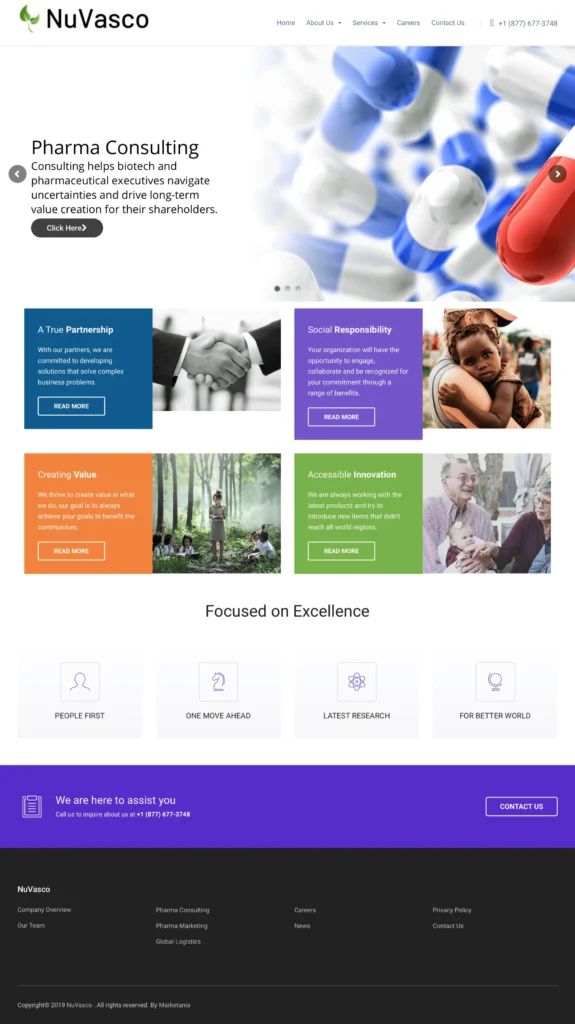 Nuvasco corporate website showcasing pharma consulting, global logistics, and marketing solutions with modern UI and responsive design.