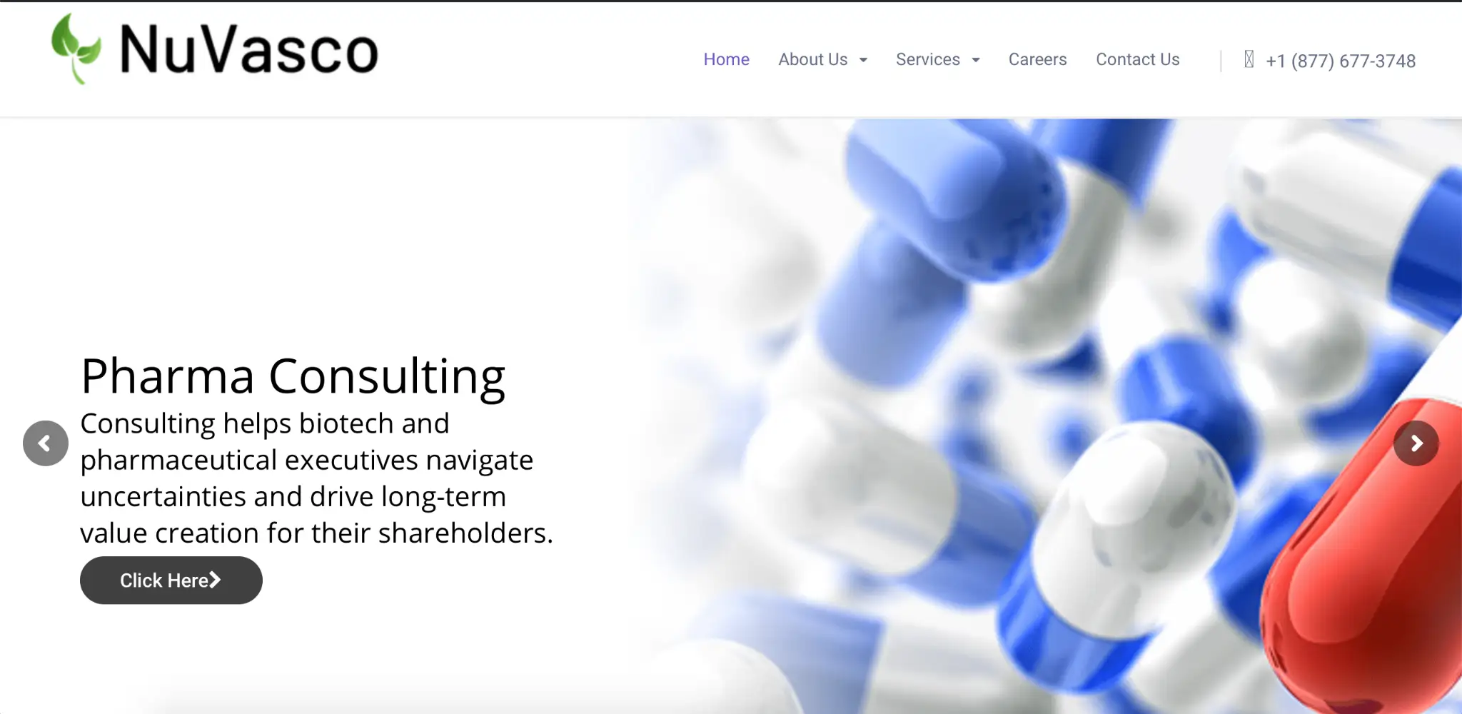 Nuvasco corporate website showcasing pharma consulting services with blue and white capsules in background, emphasizing logistics and pharmaceutical distribution.