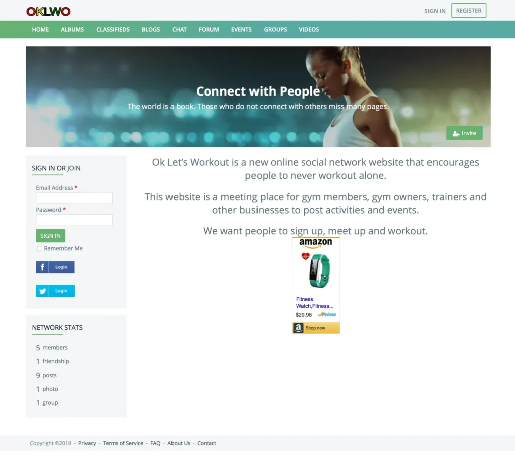 Online social fitness network homepage featuring a woman engaging in a workout, promoting community connection and encouragement for users to never work out alone.