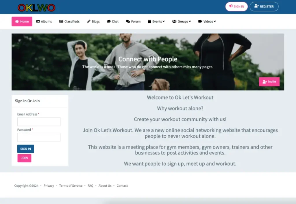 OKLWO website interface showcasing online social fitness network features, including user sign-in options and community engagement prompts.