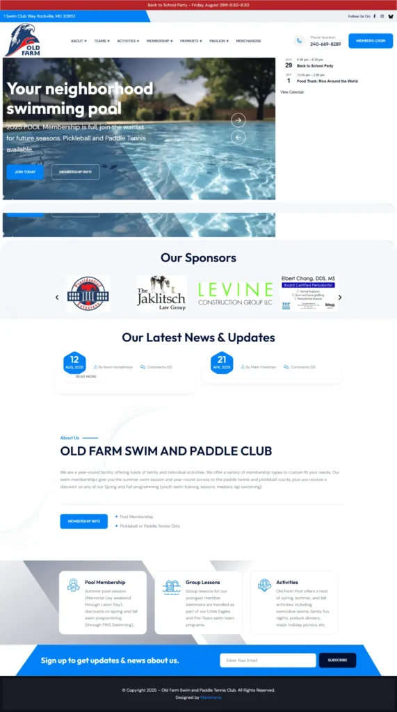 Old Farm Swim and Paddle Tennis Club website homepage featuring a swimming pool, community engagement, and membership information.