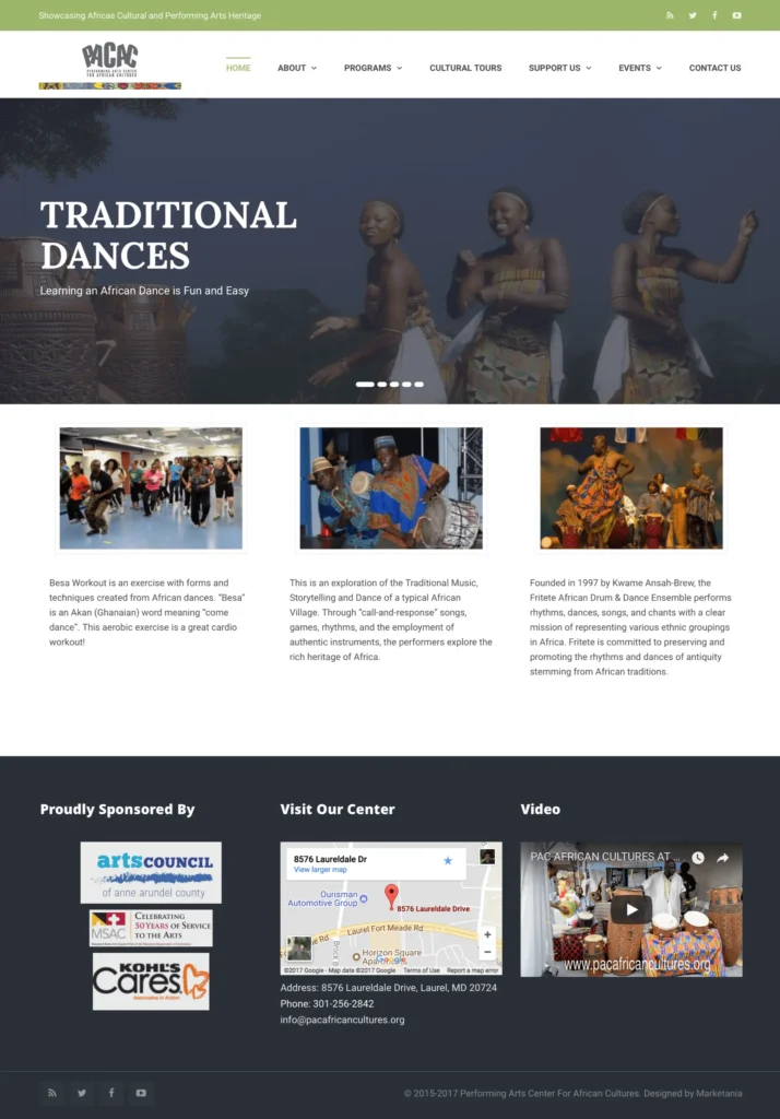 Traditional African dancers performing, showcasing cultural heritage through music and movement at the Performing Arts Center for African Cultures (PACAC).