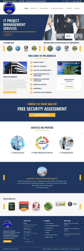 PM America website showcasing IT project management services, featuring a professional layout with service offerings, client recognitions, and a call-to-action for consultations.