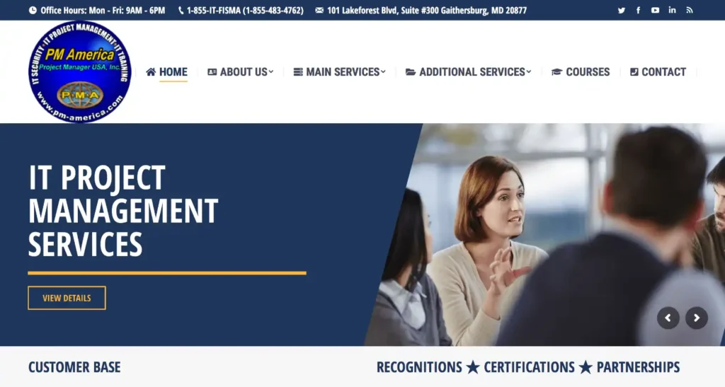 PM America website showcasing IT project management services with a professional woman speaking to a group, emphasizing collaboration and consultation in IT solutions.